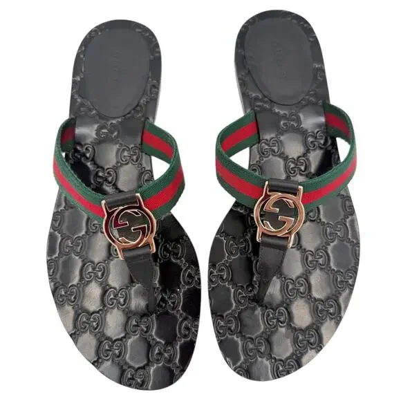 Gucci Interlocking GG Thong Sandal Black Leather Flat Flip Flop Slide EU 39 US 9 - Picture 3 of 14